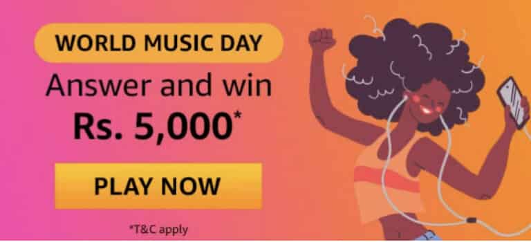 Amazon World Music Day Quiz Answers Win - Rs.5000 Pay Balance