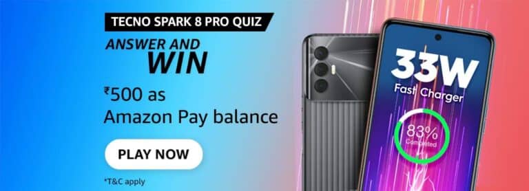Amazon Tecno Spark 8 Pro Quiz Answers Win 500